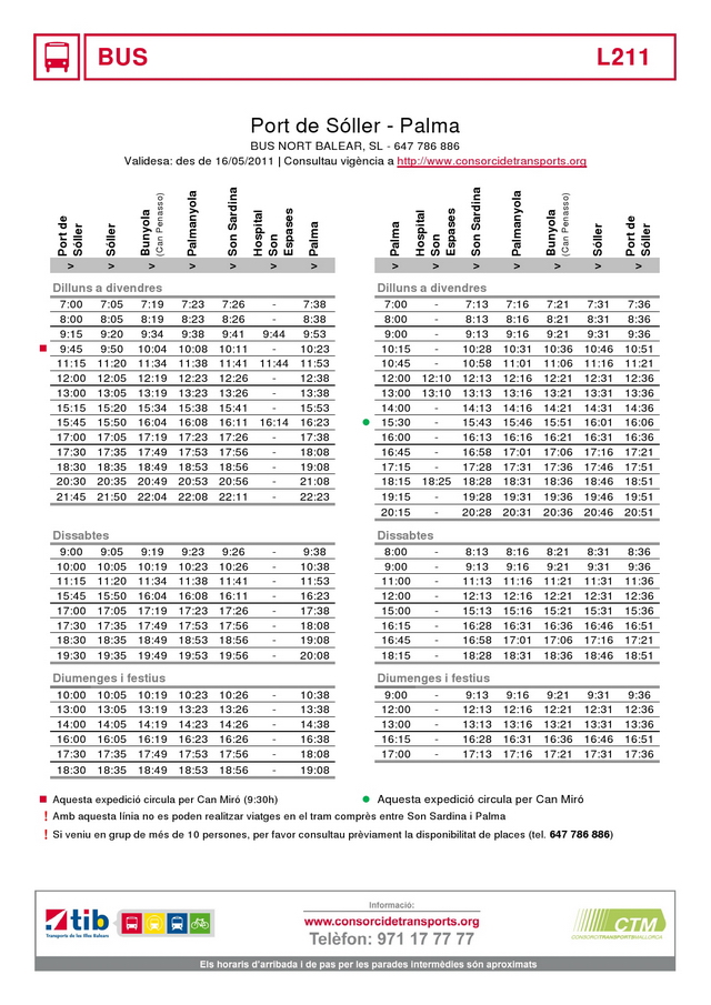 Line L211 Timetable Jan 2011 